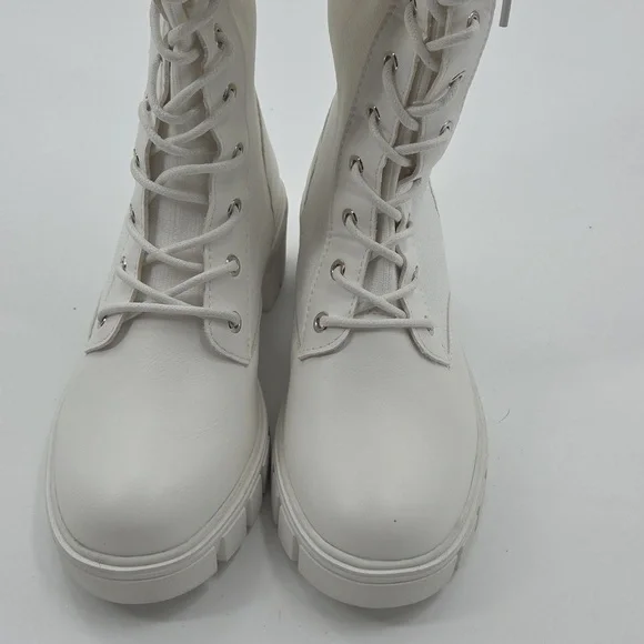Women's White Knee-High Lace-Up Boots PU and Knit Material New - Picture 9 of 16